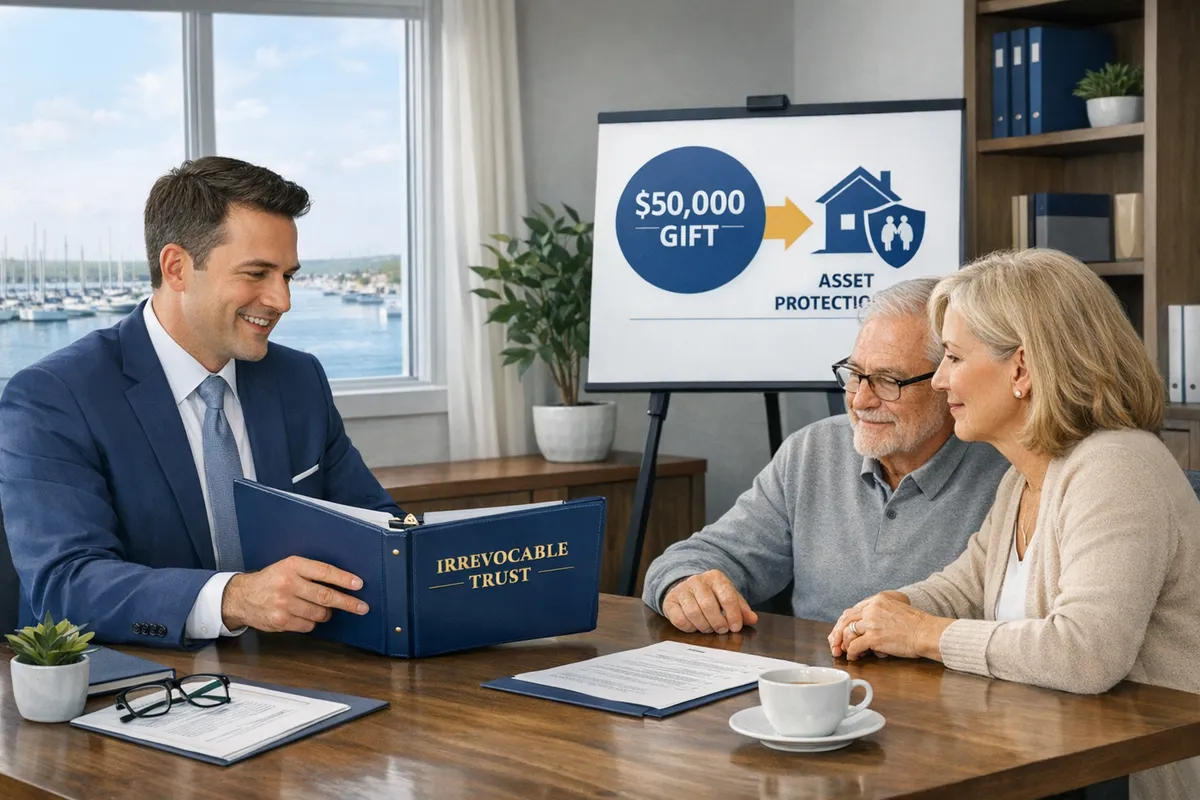 Brooklyn attorney meeting in a Sheepshead Bay office with a family reviewing an irrevocable trust binder, a diagram showing $50,000 gift and asset protection goals, calm professional setting, realistic style