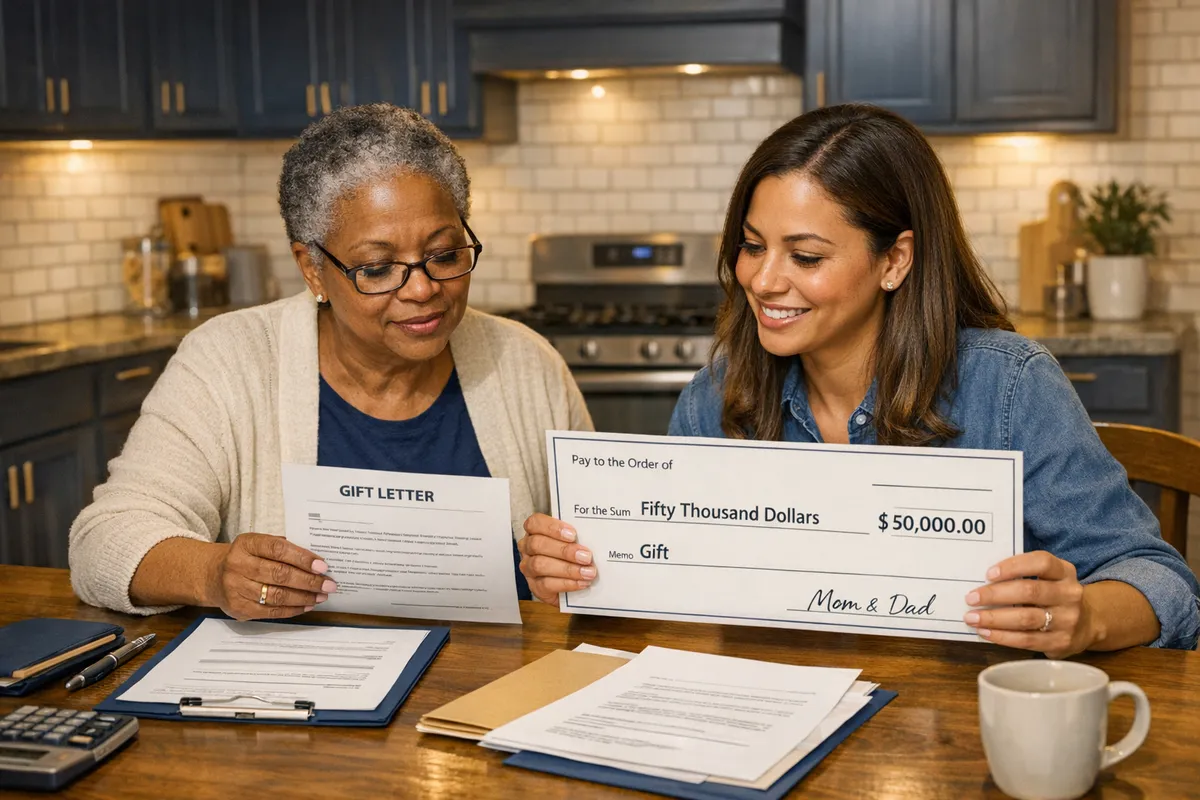 Brooklyn parent and adult daughter at a kitchen table reviewing a $50,000 gift check and a simple gift letter for a mortgage, paperwork neatly arranged, warm home lighting, realistic documentary style
