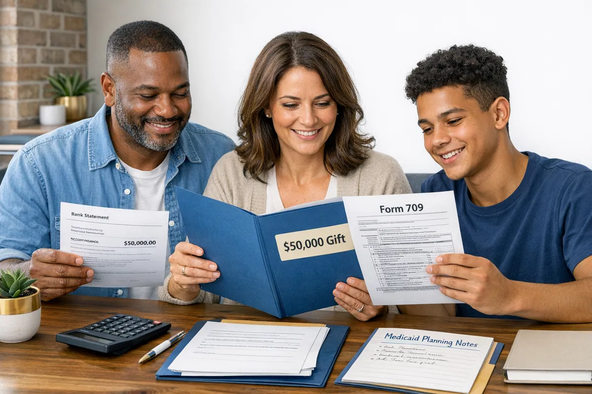 Brooklyn family at a desk organizing a folder labeled &ldquo;$50,000 Gift,&rdquo; with printed bank confirmation, Form 709 draft, and Medicaid planning notes, tidy workspace, clear documentary photo style