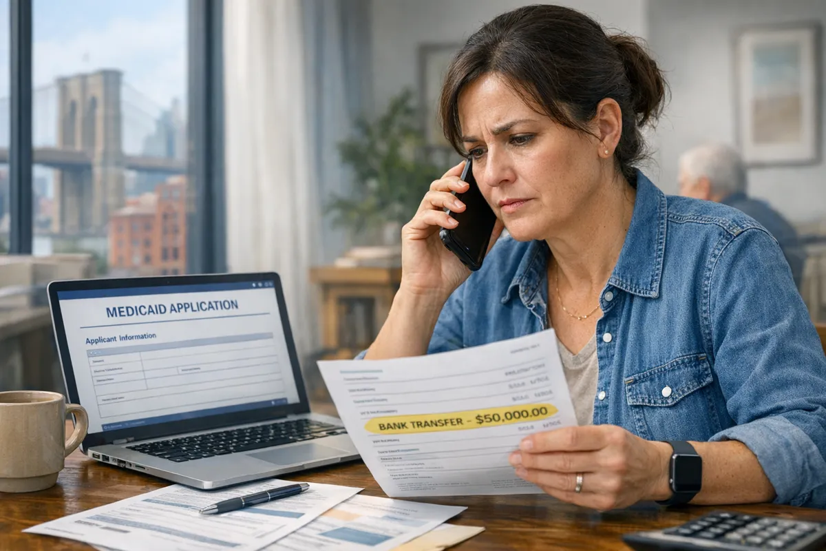 Adult child caregiver in Brooklyn on the phone with a nursing home billing office, Medicaid application forms open on a laptop, a highlighted $50,000 bank transfer on a statement, anxious but focused mood, photorealistic style