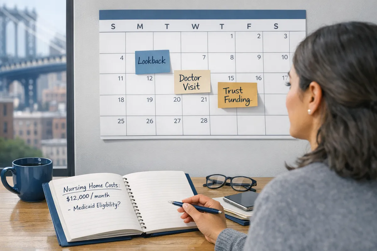 Adult child caregiver in Brooklyn looking at a calendar marked &ldquo;lookback,&rdquo; &ldquo;doctor visit,&rdquo; and &ldquo;trust funding,&rdquo; with a notebook showing nursing home cost estimates and Medicaid notes, realistic candid style