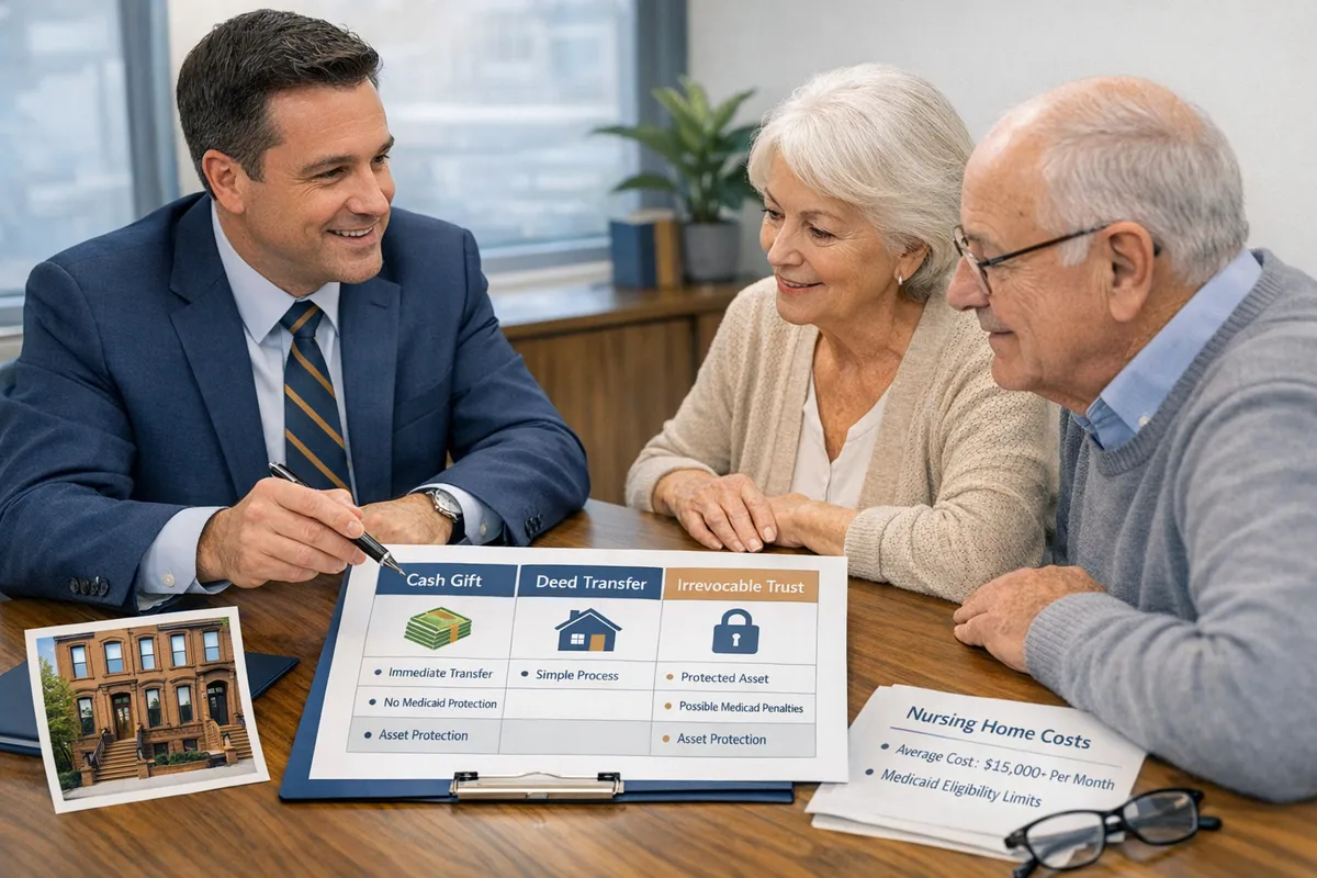 Brooklyn attorney and clients in a Sheepshead Bay office reviewing a simple flowchart comparing cash gifts, deed transfers, and an irrevocable trust, with a brownstone home photo and nursing home cost notes on the table