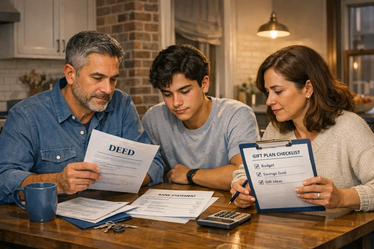 Middle-income Brooklyn family at a kitchen table reviewing a home deed, bank statements, and a simple gift plan checklist, brownstone-style interior, warm evening light, realistic documentary photography