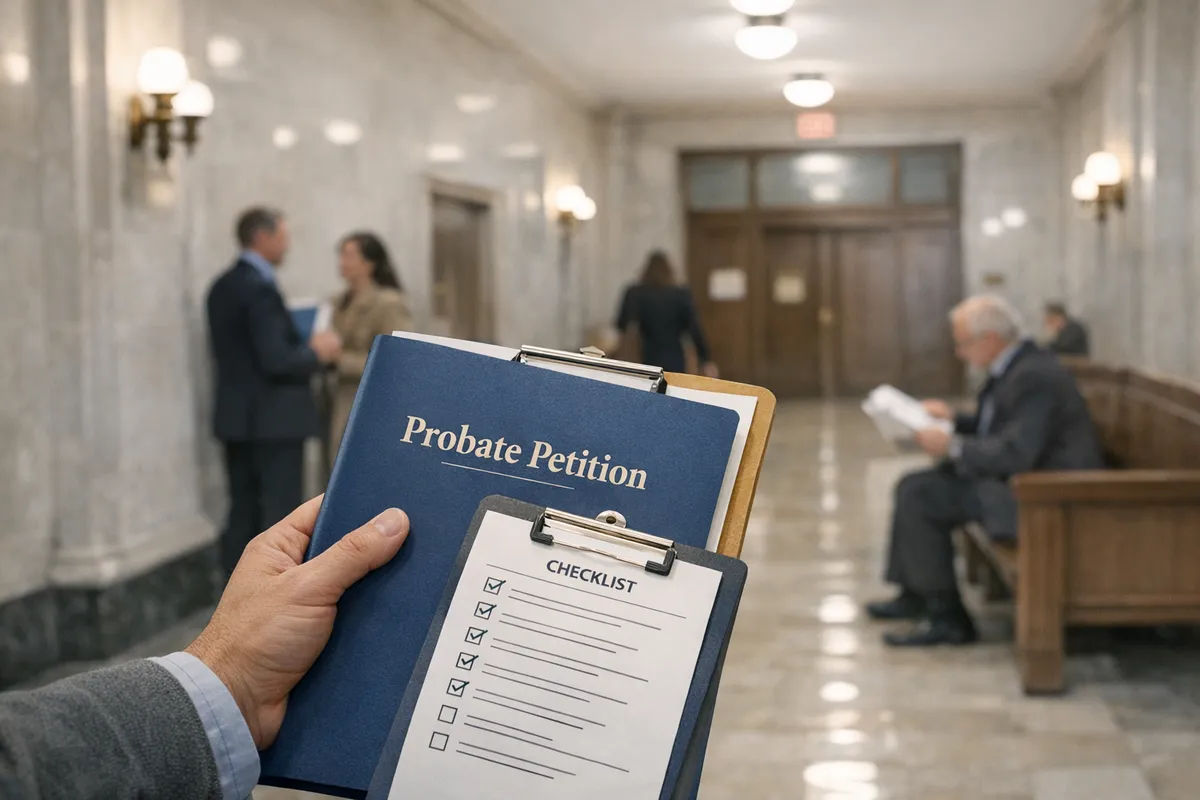 New York Surrogate&rsquo;s Court hallway scene with a person holding a folder labeled
