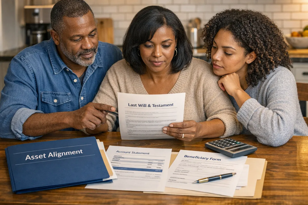Brooklyn family at a kitchen table reviewing a will next to account statements and beneficiary forms, a labeled folder reading