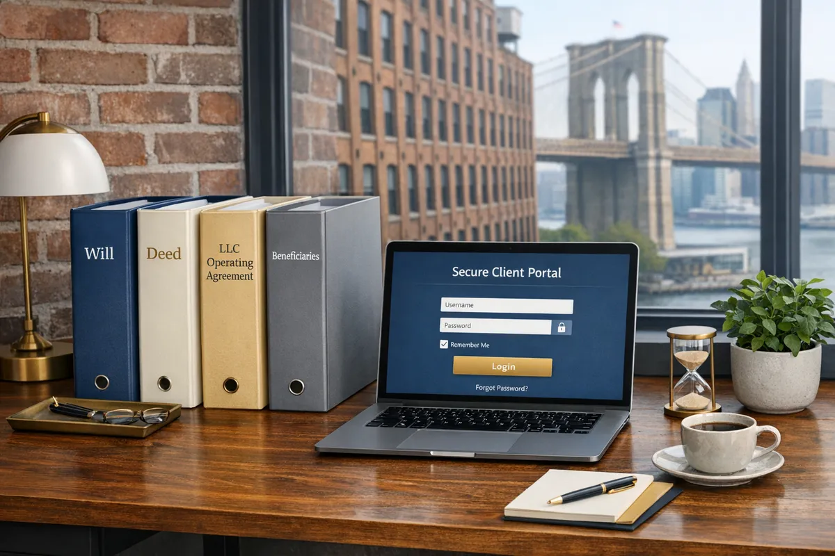 Executor desk setup in a Brooklyn apartment with labeled binders