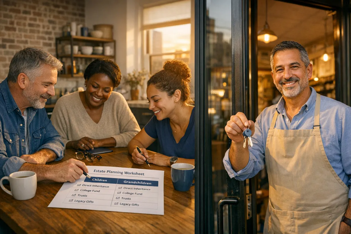 Brooklyn family at a kitchen table with a simple estate planning worksheet comparing children vs grandchildren inheritance goals, a small business owner with storefront keys, warm evening light, realistic documentary photo style