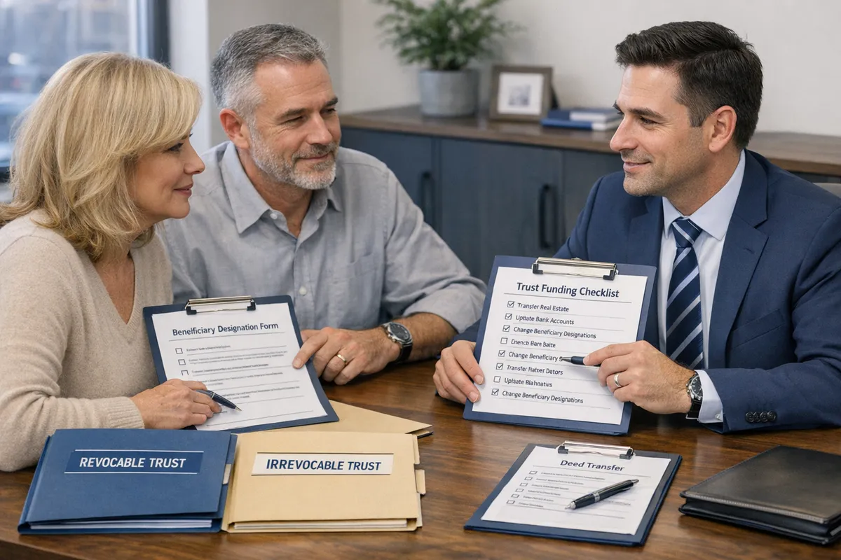 Brooklyn attorney and clients in a small office reviewing a trust funding checklist with deed transfer and beneficiary forms, folders labeled revocable trust and irrevocable trust, calm professional tone, photorealistic style