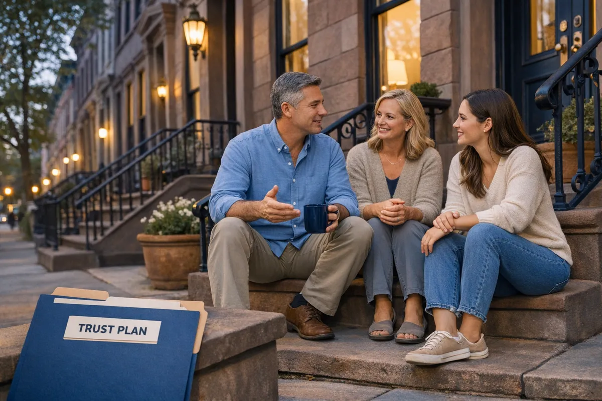 Brooklyn brownstone exterior with a family discussing estate planning on the stoop, subtle visual of a folder labeled trust plan, early evening neighborhood light, realistic lifestyle photography style
