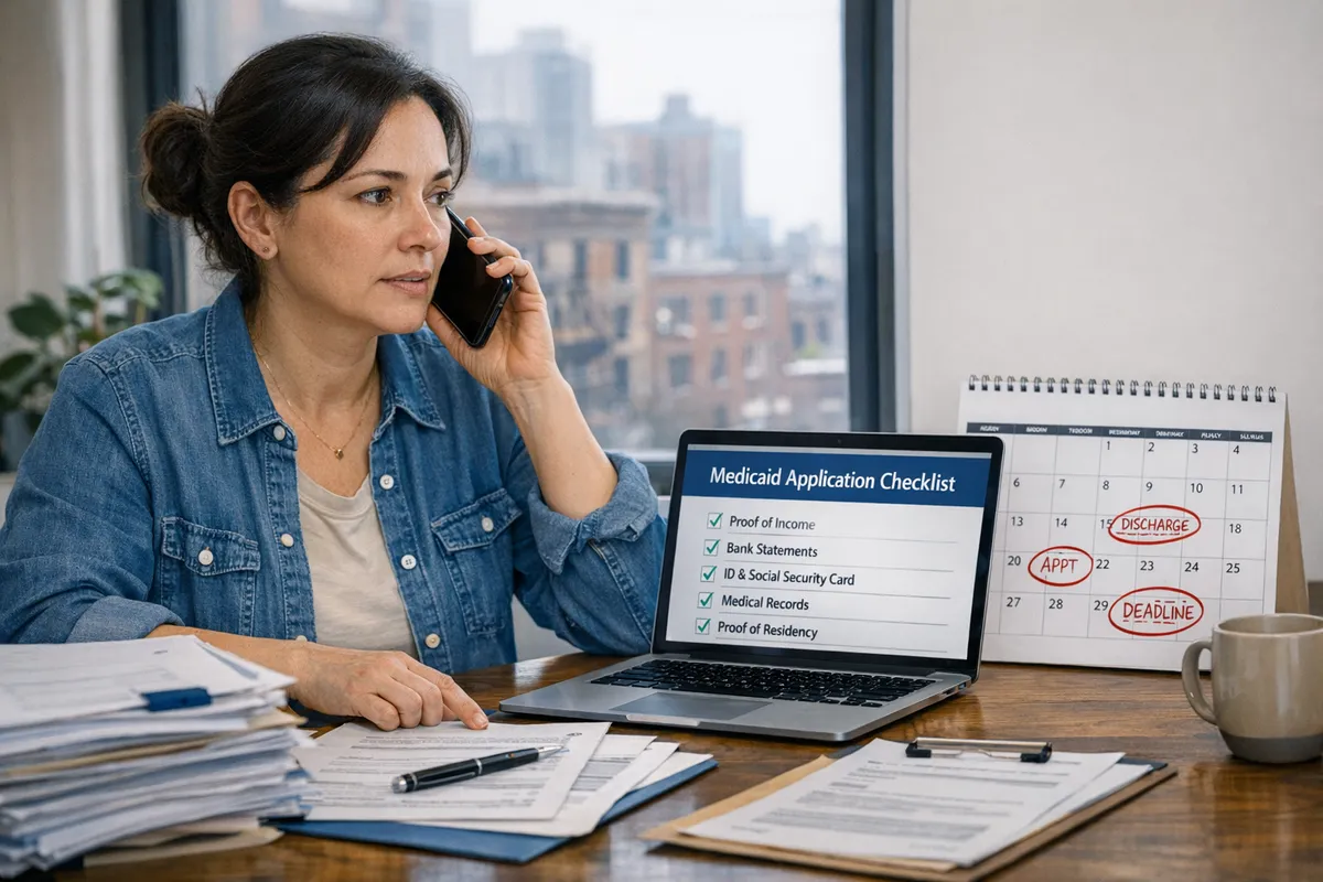 Brooklyn adult child caregiver on a phone call with a hospital discharge planner, open laptop showing “Medicaid application checklist,” stacks of paperwork and a calendar with urgent dates circled, documentary photo style