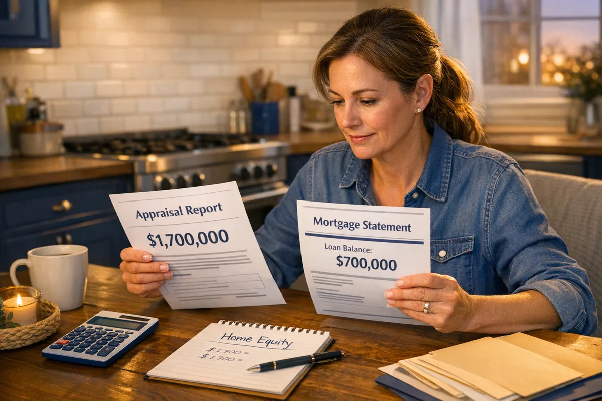 Brooklyn family caregiver at a kitchen table reviewing a home appraisal of $1.7M and a mortgage statement of $700K, calculator and handwritten notes labeled “home equity,” warm evening light, realistic photo style