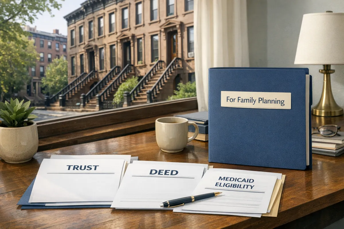 Brownstone in Park Slope with a “For family planning” folder on a nearby desk scene, paperwork labeled “trust,” “deed,” and “Medicaid eligibility,” soft daylight, realistic editorial photography