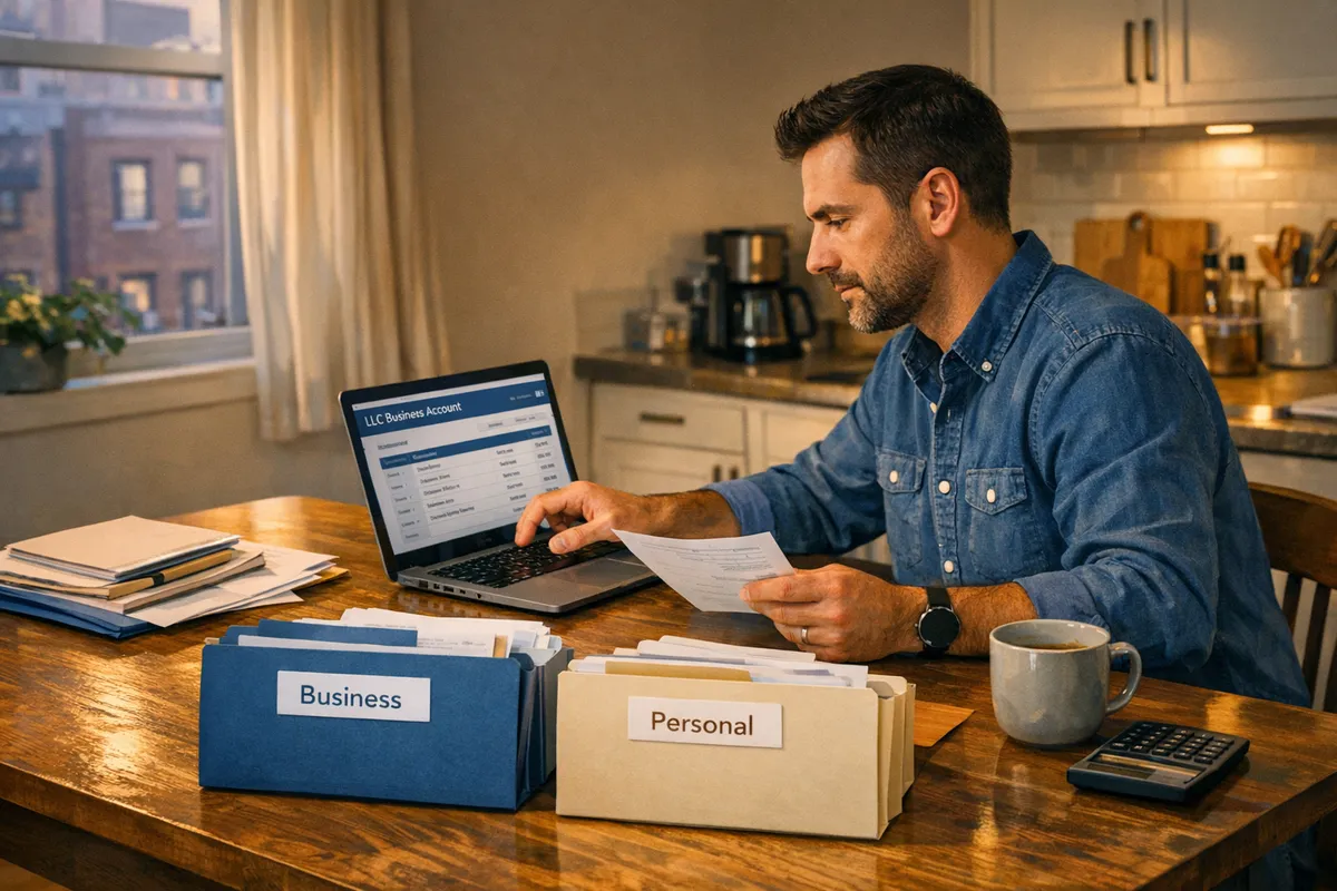 Brooklyn small business owner at a kitchen table in a Bay Ridge apartment, separating personal and business paperwork into labeled folders, checking LLC bank statements on a laptop, warm evening light, realistic documentary style