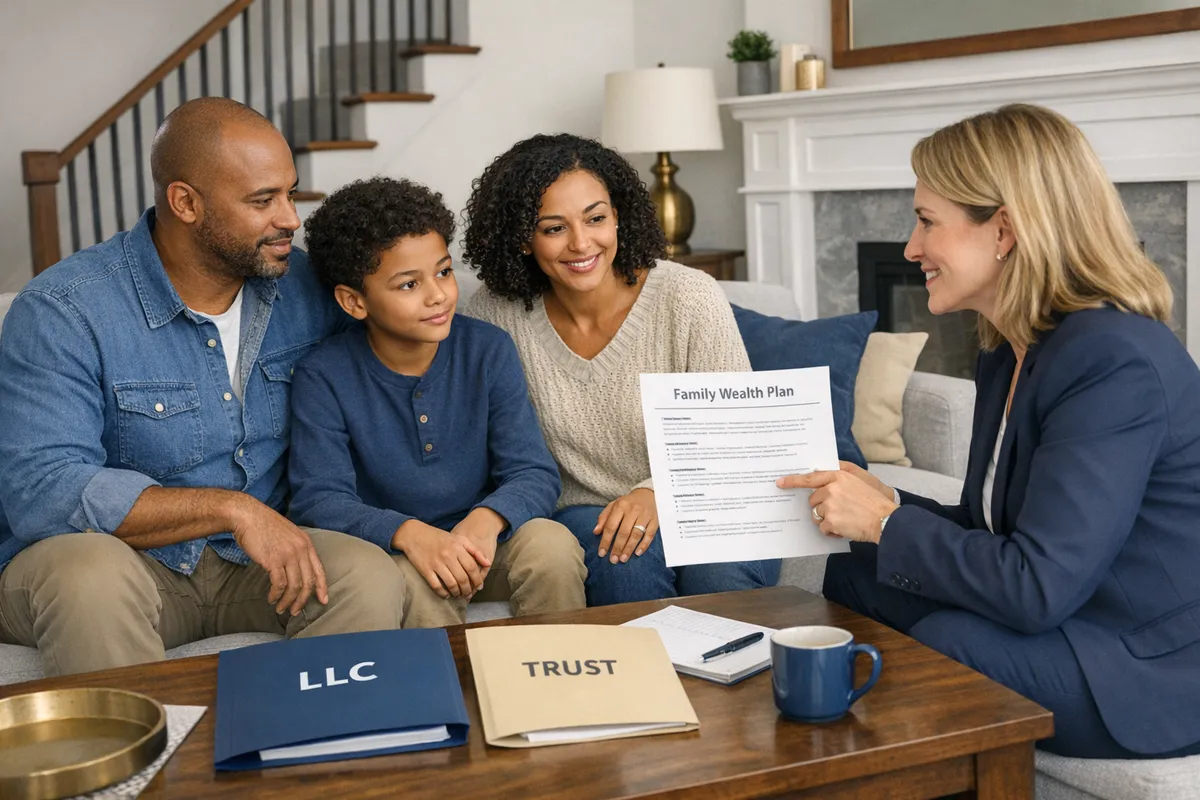 Brooklyn family in a Park Slope townhouse living room, reviewing a simple one-page &ldquo;family wealth plan&rdquo; summary with an attorney, calm supportive mood, papers labeled LLC and trust, realistic lifestyle photography