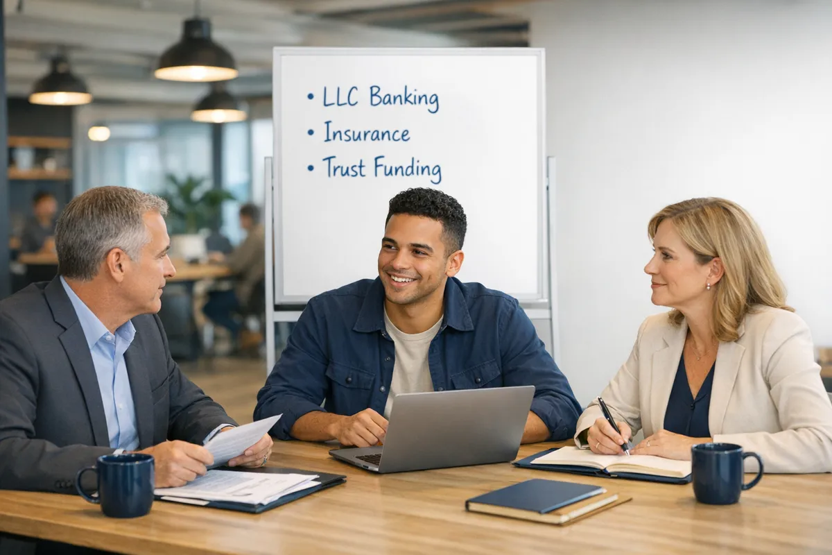 Brooklyn entrepreneur at a coworking space in Williamsburg, meeting with an attorney and accountant, whiteboard showing &ldquo;LLC banking,&rdquo; &ldquo;insurance,&rdquo; and &ldquo;trust funding,&rdquo; coffee cups on table, realistic professional tone