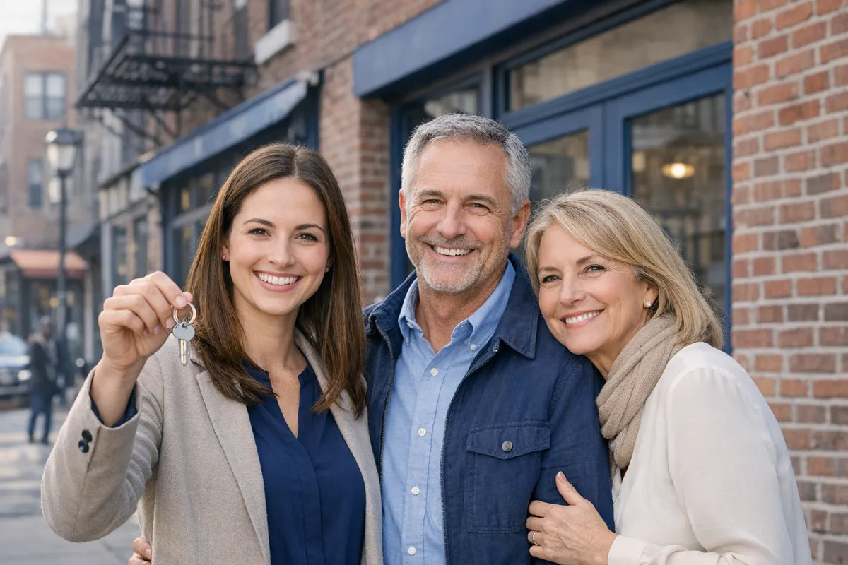 Family standing outside a Brooklyn commercial building after a successful succession planning meeting, daughter holding keys, parents smiling with relief, subtle city street background, hopeful documentary photography, trust-based family business transition strategies