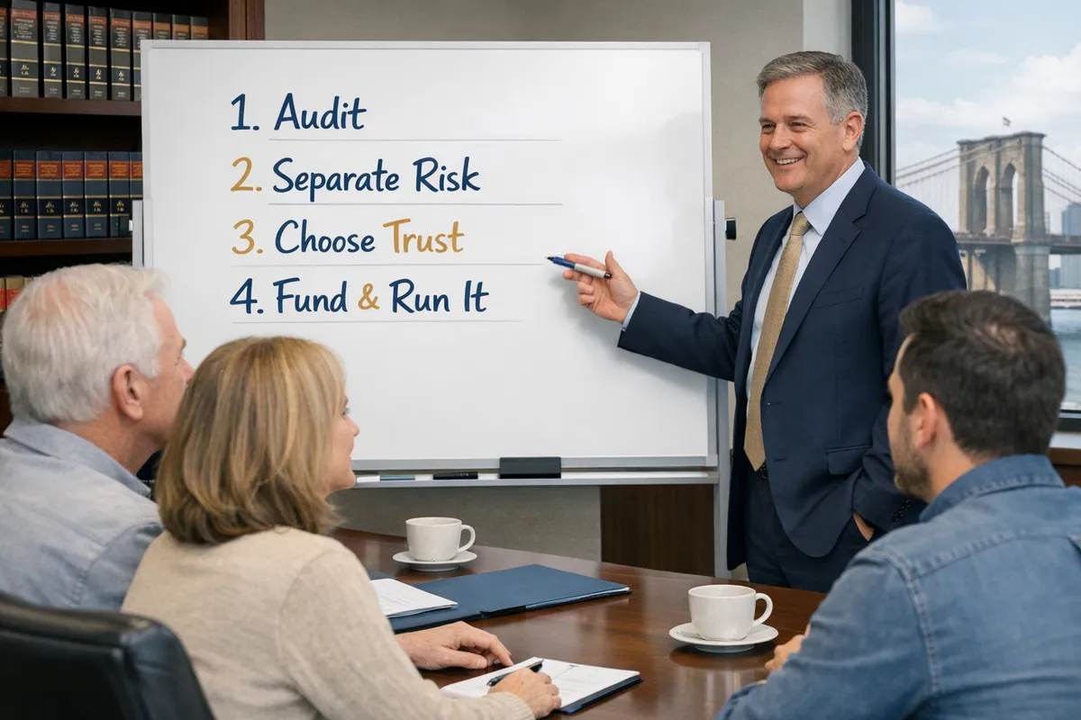 Brooklyn family business transition meeting in a law office, attorney explaining a four-step playbook on a whiteboard labeled audit, separate risk, choose trust, fund and run it, realistic documentary style, Using Trusts to Transition Family Businesses Without Losing Asset Protection