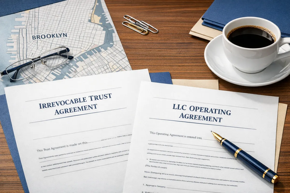 Close-up of a trust document and LLC operating agreement on a desk with a Brooklyn map, pen, and coffee, crisp professional lighting, concept of irrevocable trusts in New York and asset protection trusts for small businesses