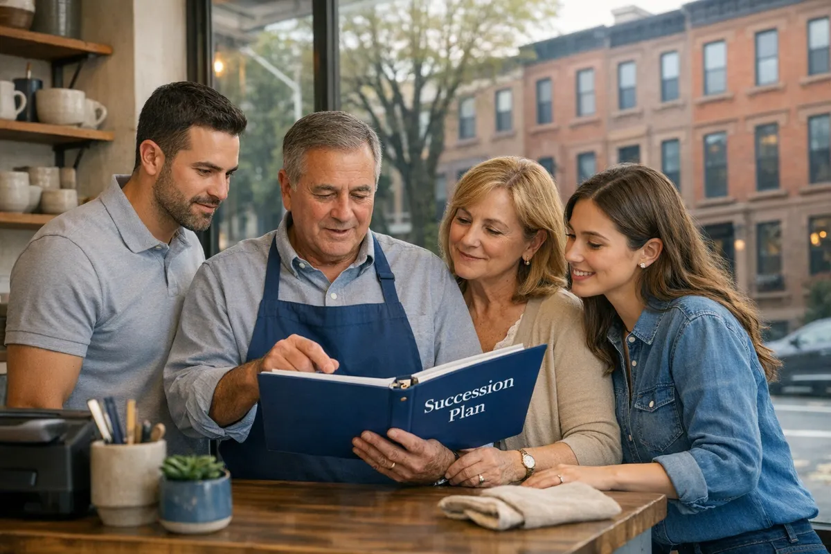 Brooklyn small business owner standing inside a neighborhood storefront with family members reviewing a succession plan binder, brownstone street visible through the window, warm documentary photography style, family business succession planning Brooklyn