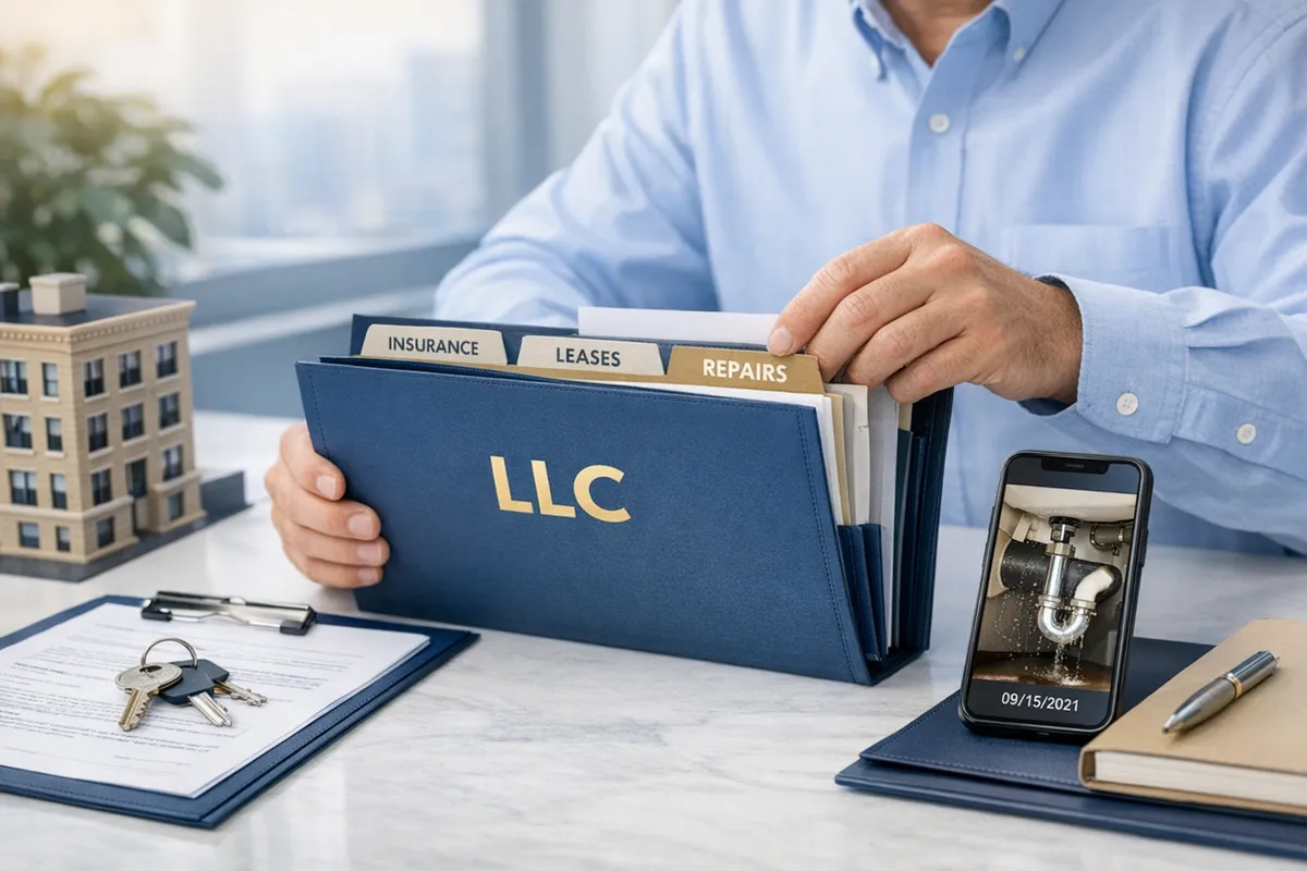 NYC landlord organizing property documents in a folder labeled LLC, insurance, leases, and repairs, with a smartphone showing a dated repair photo, bright office lighting, practical asset protection strategies for NYC real estate