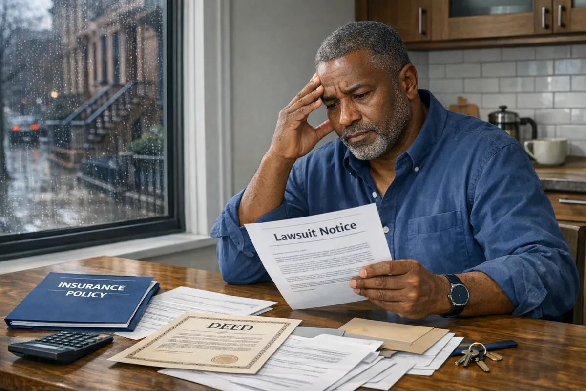 Brooklyn brownstone owner reviewing a lawsuit notice at a kitchen table, paperwork spread out with deed and insurance policy, rainy street visible through window, realistic documentary photo style, protecting real estate holdings from litigation in NYC