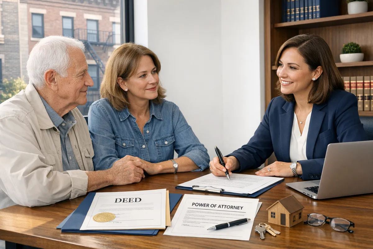 Brooklyn family caregiver and aging parent meeting with an attorney in a neighborhood office, deed and power of attorney documents on the table, warm natural light, elder law and real estate protection NYC