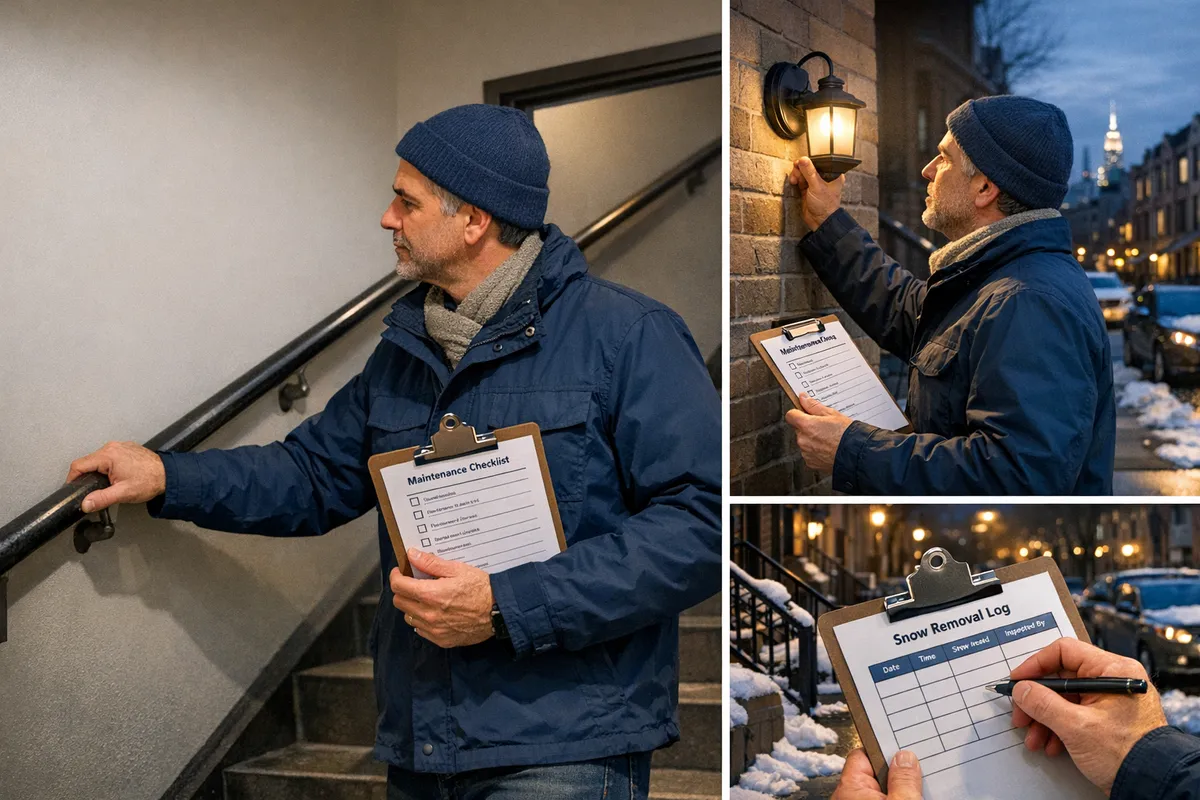 Brooklyn property owner walking a building with a maintenance checklist, checking stair handrail, exterior lights, and snow removal log, evening street scene, realistic photo, how to protect property from lawsuits in New York