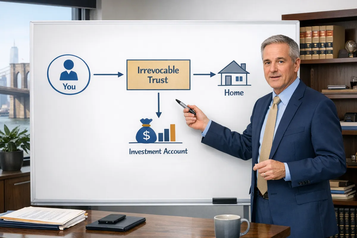 Attorney explaining Custom Trust Structures for Medical Professionals Facing Malpractice Claims on a whiteboard, showing &ldquo;You,&rdquo; &ldquo;Irrevocable Trust,&rdquo; &ldquo;Home,&rdquo; and &ldquo;Investment Account,&rdquo; in a Brooklyn office setting, realistic professional tone