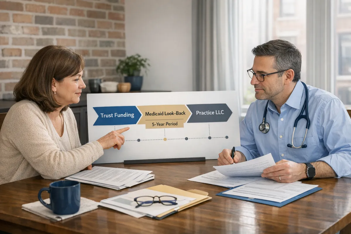 Brooklyn family caregiver and physician sibling reviewing a timeline labeled &ldquo;trust funding,&rdquo; &ldquo;Medicaid look-back,&rdquo; and &ldquo;practice LLC,&rdquo; seated at a dining table with paperwork, warm natural light, realistic style