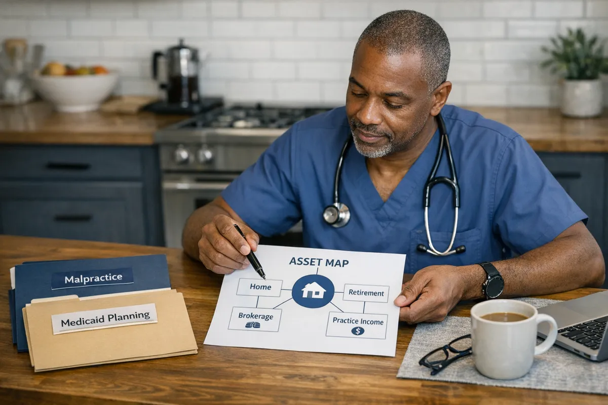 Brooklyn medical professional reviewing a simple asset map on a kitchen table, labeled home, retirement, brokerage, and practice income, with folders marked &ldquo;malpractice&rdquo; and &ldquo;Medicaid planning,&rdquo; warm realistic documentary style