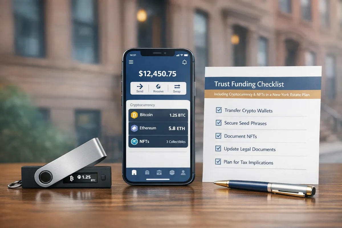 Close-up of a hardware wallet, a smartphone wallet app, and a printed trust funding checklist labeled “Including Cryptocurrency and NFTs in a New York Estate Plan,” with a Brooklyn brownstone blurred in the background