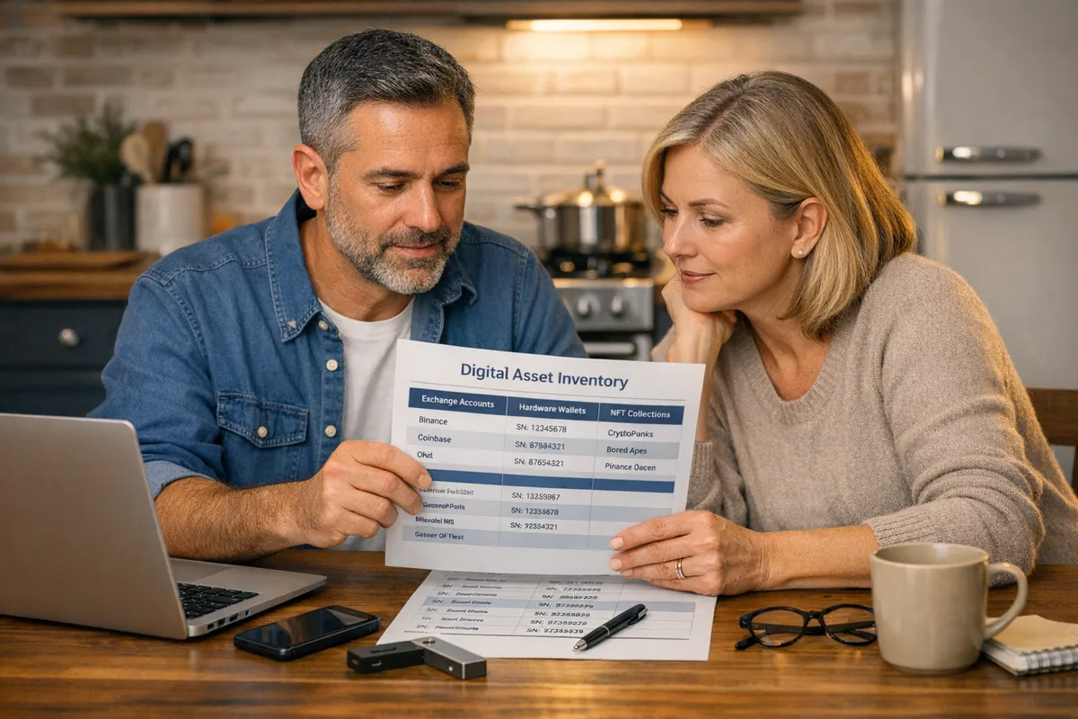 Brooklyn kitchen table scene with a small business owner and spouse reviewing a printed digital asset inventory, showing columns for exchange accounts, hardware wallet serial numbers, and NFT collections, warm evening light, practical estate planning vibe