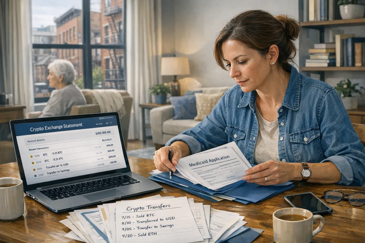 Adult child caregiver in a Brooklyn apartment organizing Medicaid paperwork beside a laptop showing a crypto exchange statement and a handwritten timeline of transfers, calm but focused mood, realistic documentary style