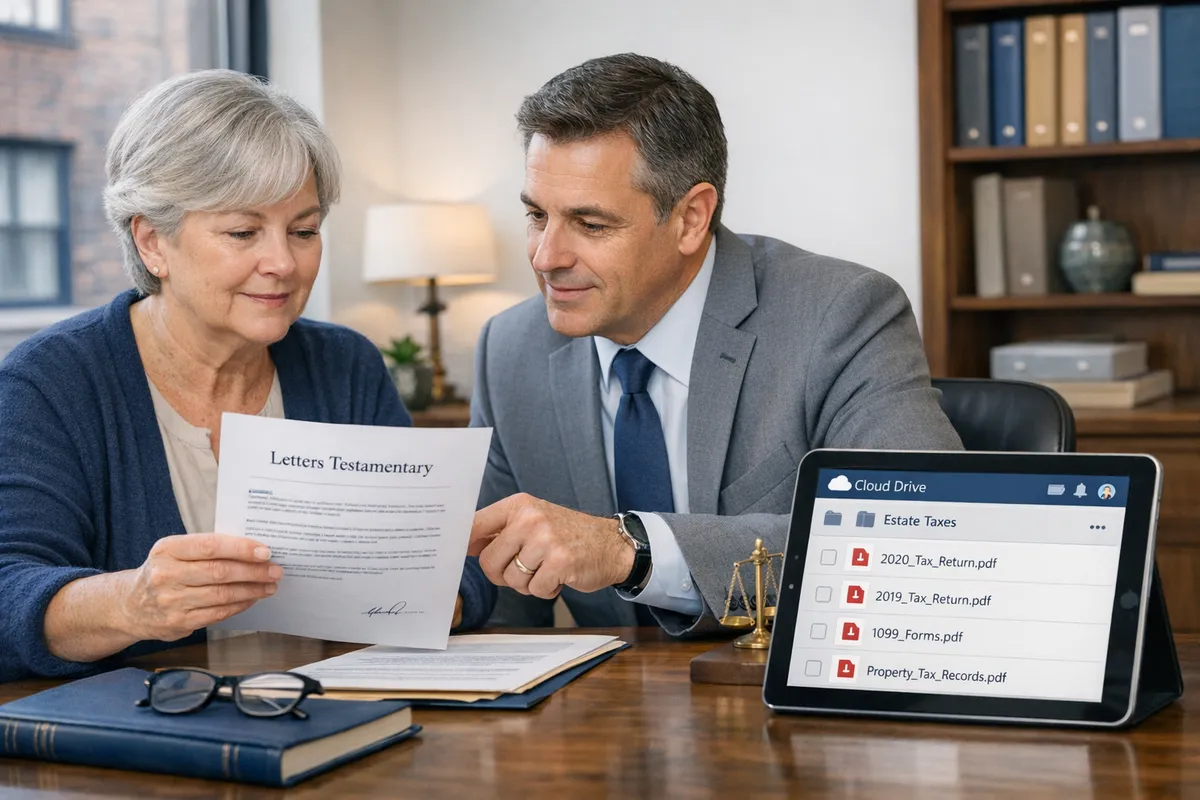 Brooklyn executor meeting with an attorney in a neighborhood office, reviewing &ldquo;letters testamentary,&rdquo; a tablet showing a cloud drive folder of tax PDFs, calm supportive atmosphere, realistic photojournalism style