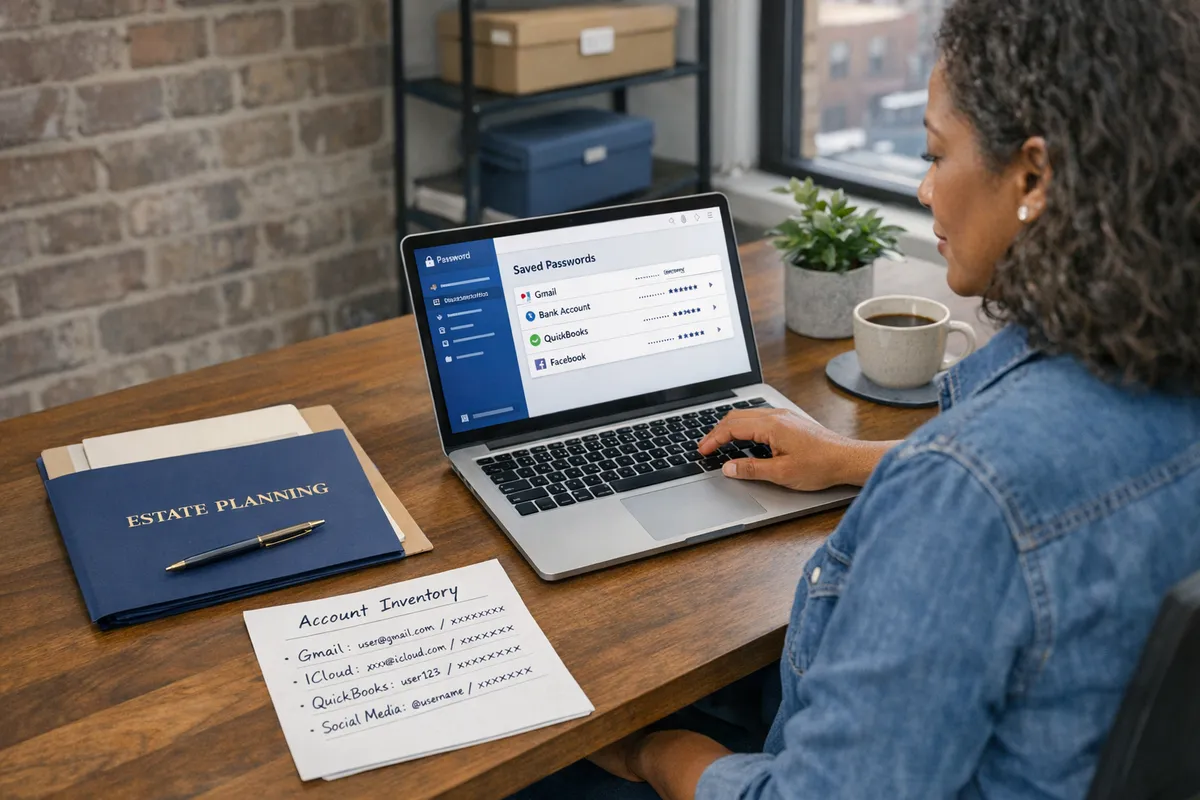 Small business owner in Brooklyn at a desk with laptop open to a password manager, an estate planning folder, and a handwritten &ldquo;account inventory&rdquo; sheet listing Gmail, iCloud, QuickBooks, and social media, realistic office lighting, professional candid photo