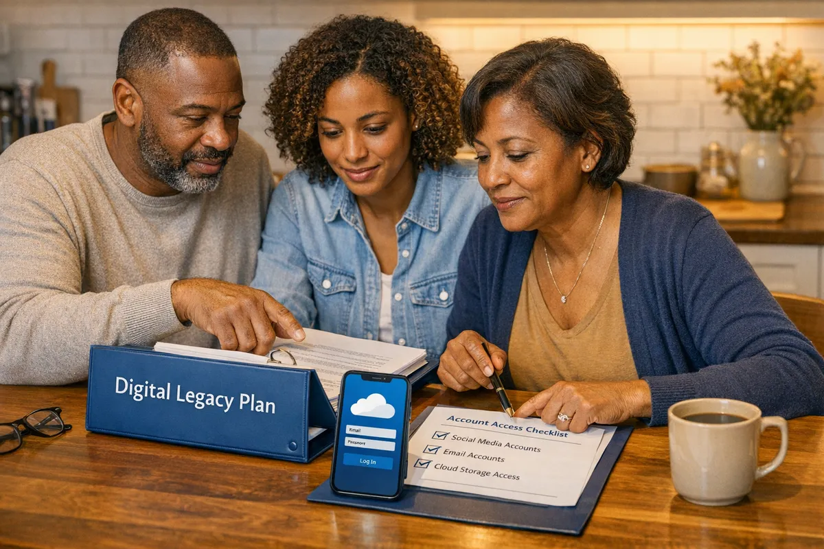 Brooklyn family at a kitchen table reviewing an estate binder labeled &ldquo;Digital Legacy Plan,&rdquo; with a phone showing a cloud storage login screen and a checklist for legal access to social media, email, and cloud accounts after death, warm home lighting, documentary photo style
