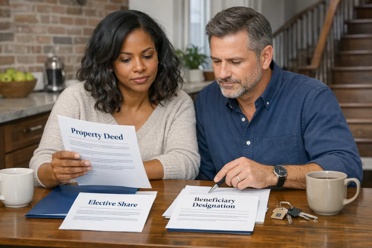 Brooklyn blended family couple reviewing a will and property deed at a kitchen table, brownstone interior, papers labeled elective share and beneficiary designation, calm but serious mood, photorealistic