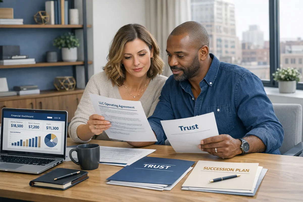 Brooklyn small business owner reviewing LLC operating agreement and estate plan with spouse, laptop open with financial dashboard, papers labeled trust and succession plan, modern office setting, photorealistic