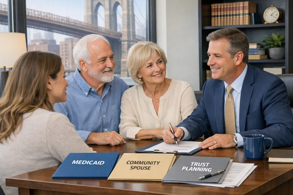 Adult child caregiver and older remarried parent meeting with an elder law attorney in a Brooklyn office, documents labeled Medicaid, community spouse, trust planning, warm professional tone, photorealistic