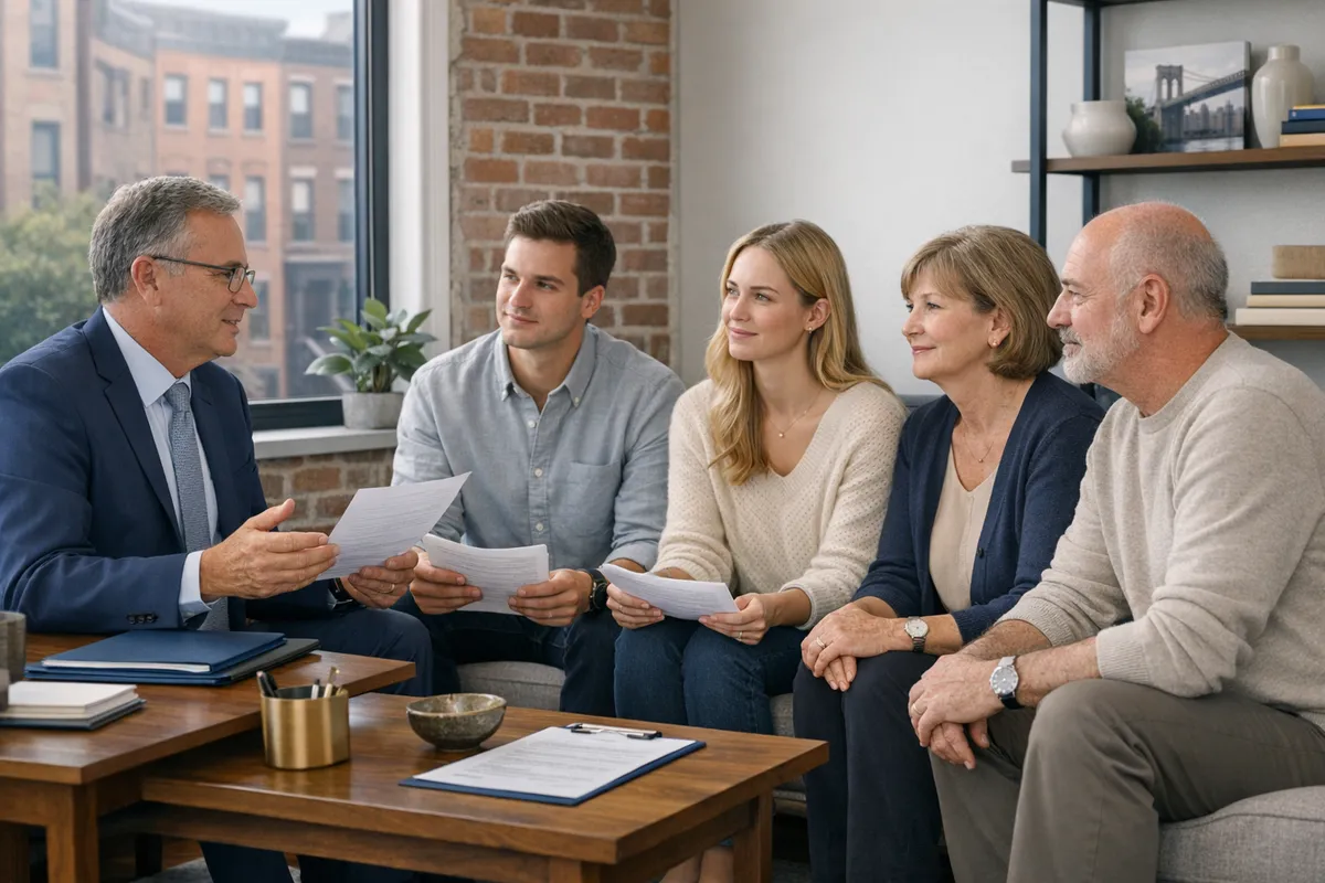 Brooklyn family meeting with attorney in a neighborhood office, adult children and stepparent seated with documents, calm mediation-like atmosphere, photorealistic