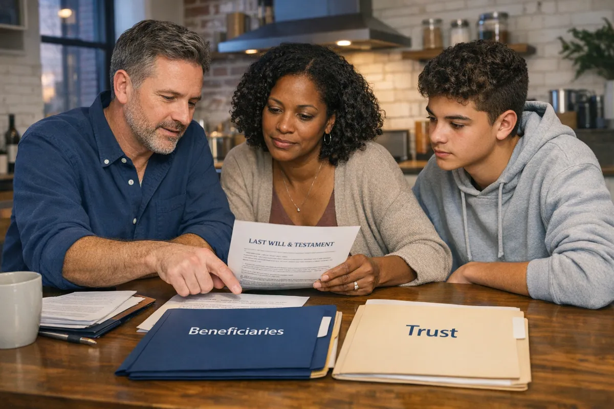 Blended family in a Brooklyn apartment kitchen reviewing estate documents together, stepparent pointing to a will draft, teen stepchild listening, calm evening light, folders labeled &ldquo;beneficiaries&rdquo; and &ldquo;trust,&rdquo; realistic documentary style