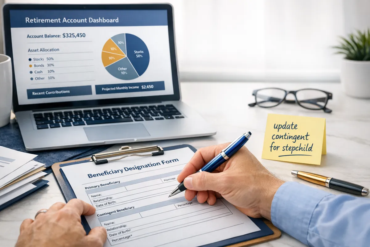 Close-up of hands filling out a beneficiary designation form next to a laptop showing retirement account dashboard, sticky note reading &ldquo;update contingent for stepchild,&rdquo; bright office lighting, sharp focus