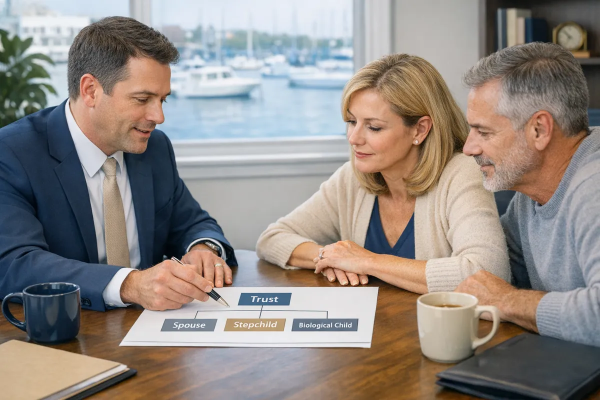 Attorney and clients in a Sheepshead Bay office reviewing a trust diagram on paper, labels for spouse, stepchild, and biological child, calm professional setting, coffee cups, realistic candid photo style