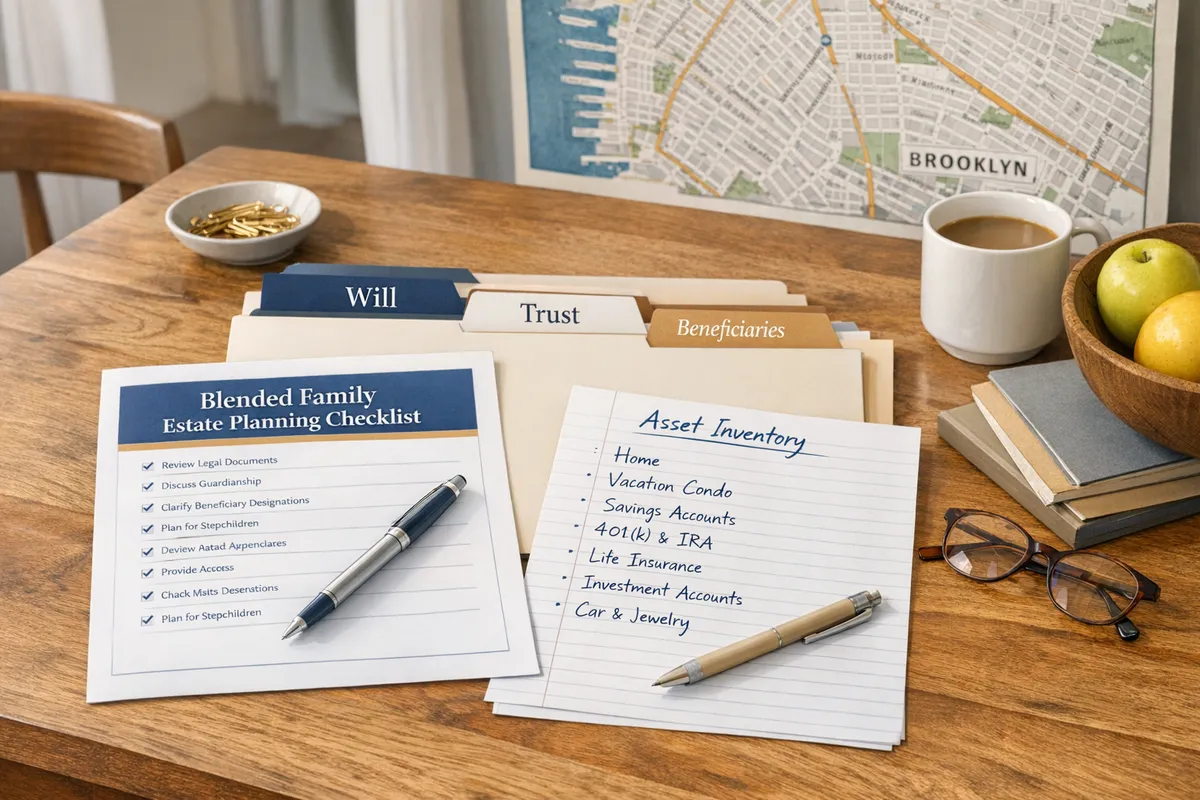 Kitchen table scene with a printed &ldquo;Blended Family Estate Planning Checklist,&rdquo; handwritten asset inventory, tabs labeled &ldquo;will,&rdquo; &ldquo;trust,&rdquo; &ldquo;beneficiaries,&rdquo; and a Brooklyn neighborhood map in the background, warm natural light
