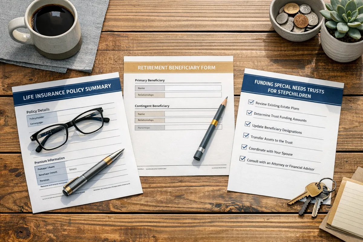 Flat lay of a funding plan: life insurance policy summary, retirement beneficiary form, and a one-page &ldquo;funding special needs trusts for stepchildren&rdquo; checklist on a Brooklyn kitchen table, natural daylight, documentary style