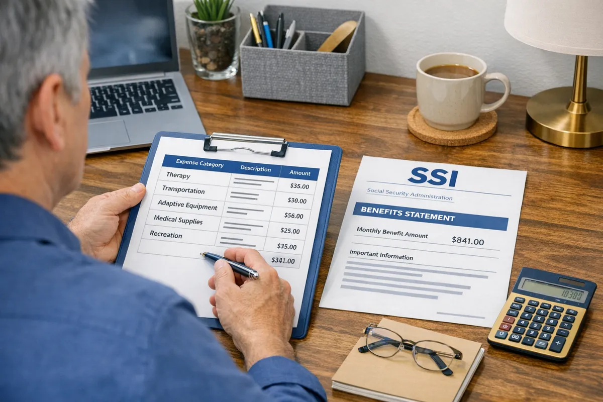Trustee reviewing a spreadsheet of trust expenses with categories like &ldquo;therapy,&rdquo; &ldquo;transportation,&rdquo; and &ldquo;adaptive equipment,&rdquo; next to a benefits letter labeled SSI, practical home-office setting, realistic style