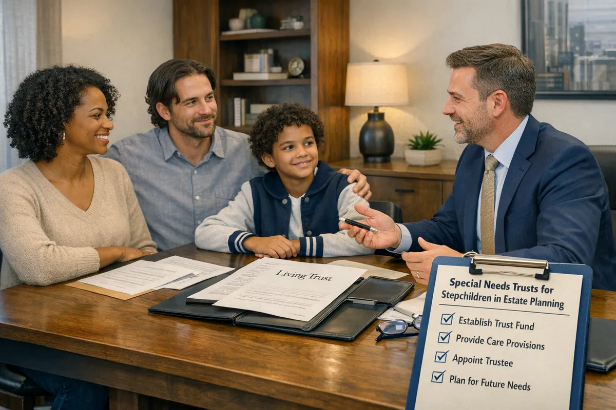 Brooklyn blended family meeting with an estate planning attorney at a desk, trust documents open, a checklist labeled &ldquo;Special Needs Trusts for Stepchildren in Estate Planning,&rdquo; warm professional office setting, realistic photo style