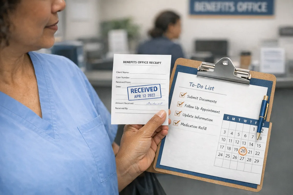 Caregiver holding a stamped document receipt at a Brooklyn benefits office, with a checklist and calendar on a clipboard, realistic candid photography style