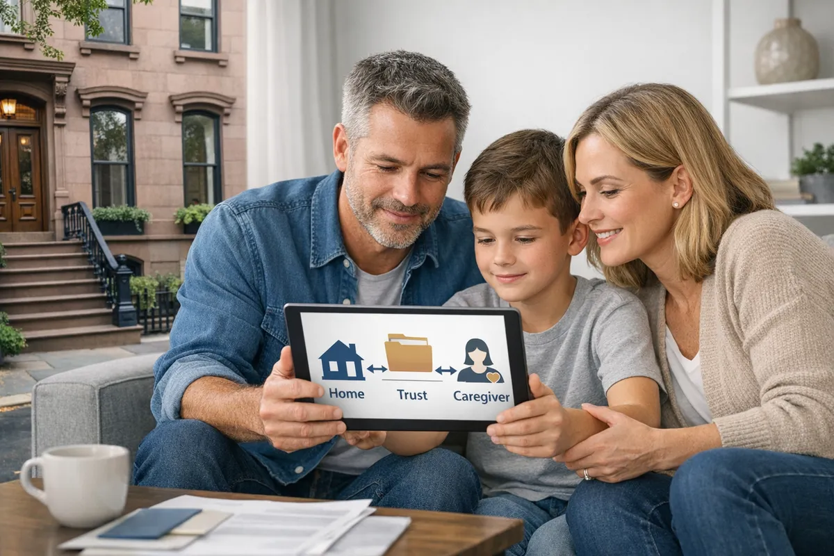 Brooklyn brownstone exterior with a family reviewing a simple estate planning diagram on a tablet inside the living room, labels showing home, trust, and caregiver, photorealistic style