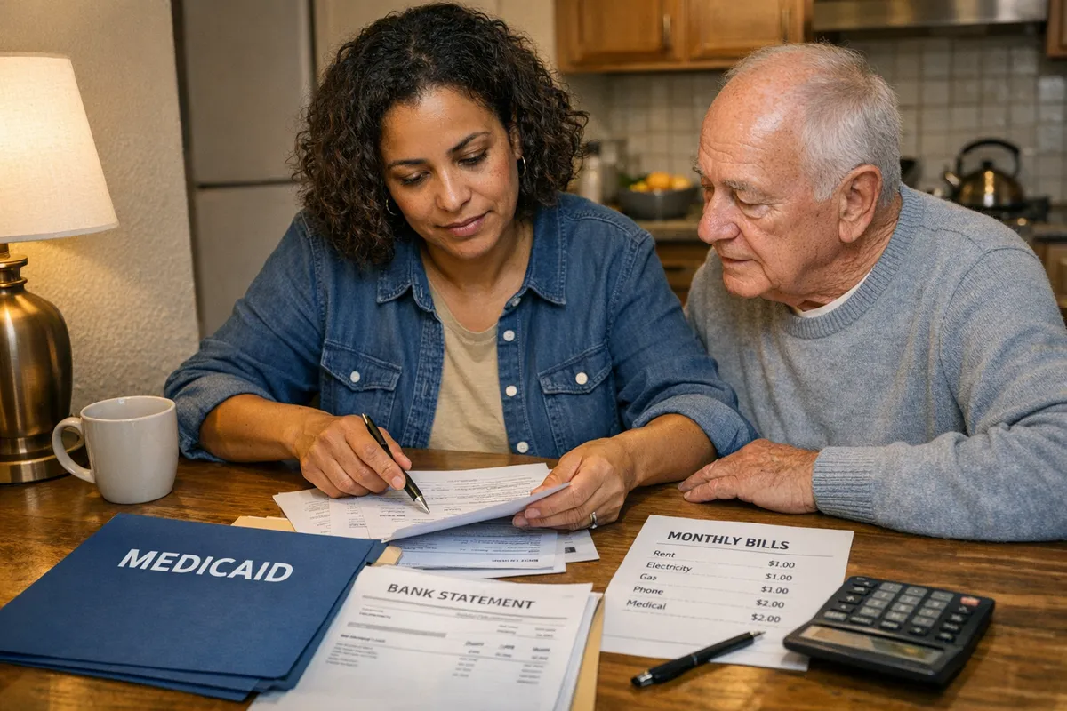 Brooklyn adult child caregiver at a kitchen table with a parent, organizing a folder labeled Medicaid, bank statements, and a list of monthly bills, warm apartment lighting, realistic documentary photography style